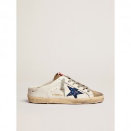 Super-Star Sabots in white leather with blue glitter star and dove-gray suede tongue